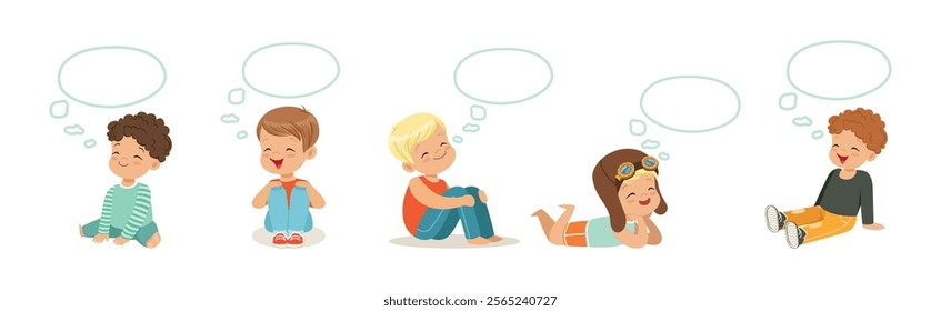 Little Boy Sit and Dreaming of Something Vector Set