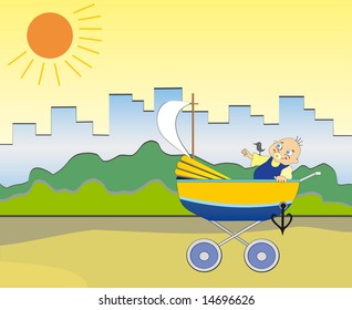 the little boy sit on the baby carriage and dream of sea