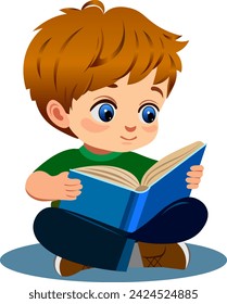 Little boy sits and enthusiastically reads a book Vector