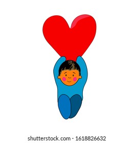 little boy sits holding a big red heart over his head.  vector.  the character.  child.  st.  Valentine, in love.  print greeting products, stickers, stationery.  white isolate