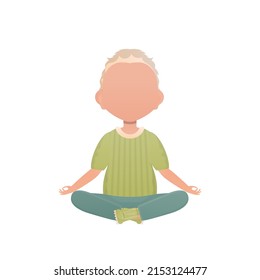Little boy sits in the lotus position. Isolated. Cartoon style. Vector illustration
