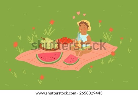 Little boy sits on blanket, drinking and eating watermelon, grapes and strawberry at park in summer picnic in flat cartoon design. Cute kid relaxing outside at nature. Vector illustration isolated.