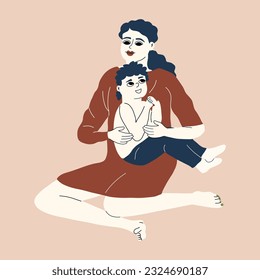 A little boy sits on his mother's legs. Mother's love. Vector illustration