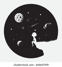 Little boy sits on mountain and looks to full Moon.Astronomy and science theme.Childish vector illustration.Prints design