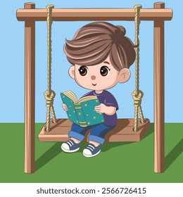 A little boy sits on a swing with a book in his hands