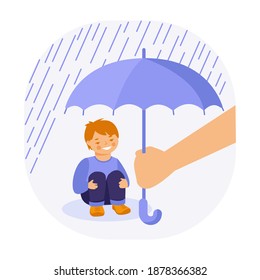 A little boy sits in the rain. An adult's hand is holding an umbrella over him. Child protection and care concept. Vector illustration in flat style.
