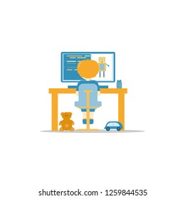 A little boy sits at the table and learns programming. His toys are on the floor. Robotics.  Flat style. Vector  illustration.