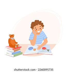 Little boy sits at table and reads book aloud to teddy bear. Child learns letters from textbook. There is stack of books on the table.  Concept of education, literacy, learning to read. Vector.