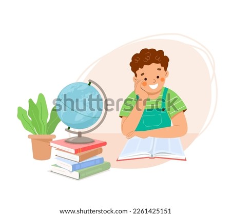 Little boy sits at table and reads book. Student learns lessons at home, at school. On table are stack of books, globe, indoor plant.  Concept of children's education, learning. Vector illustration. 