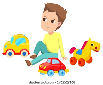 Little boy sitting and actively playing with toys on floor. Toy as yellow and red cars. Colorful horse with wheels to moving it. Kid isolated on white background. Vector illustration in flat style