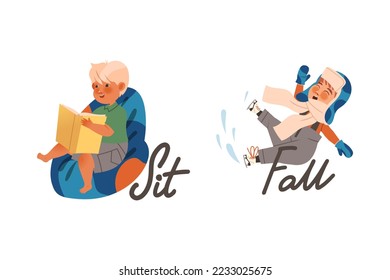 Little Boy Sitting in Armchair and Falling on Ice Skates as Verb Expressing Action for Kids Education Vector Set