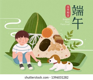 Little boy sitting beside rice dumplings, Dragon Boat Festival and Fifth of May written in Chinese character