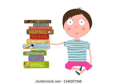 Little Boy Sitting by Pile of Books. Kids funny reading cartoon illustration design. Vector cartoon.