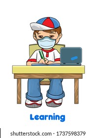 Little boy sitting by the table in mask. Student learn at home from school because of the coronavirus pandemic. video conferencing tool. Childhood learning on the internet online computer cartoon zoom