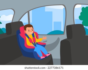 little boy sitting in a car seat child safety transportation incside auto vector illustration