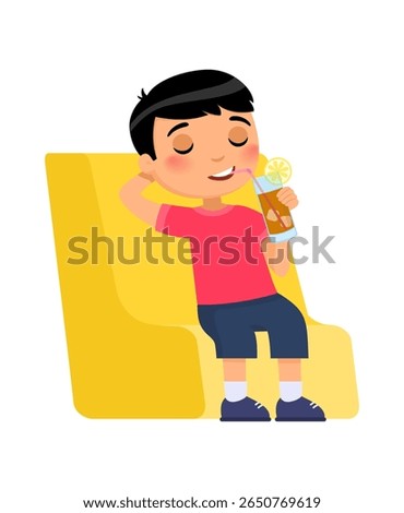 Little boy sitting in a chair and drinking ice tea.
Concept of emotions of relaxation and pleasure.
Cute cartoon character