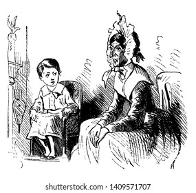 A little boy sitting in chair and looking at old lady sitting near him, vintage line drawing or engraving illustration