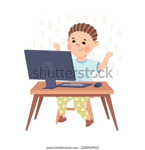 Little Boy Sitting Computer Coding Programming Stock Vector (Royalty ...