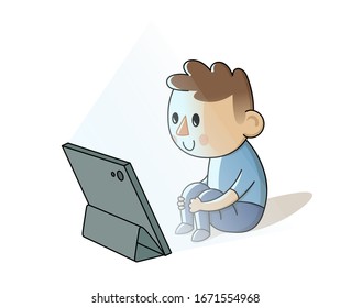 Little boy sitting in front of glowing tablet. Kid's dependence on a smartphone, gadget or the internet. Flat cartoon vector illustration, isolated on white background.