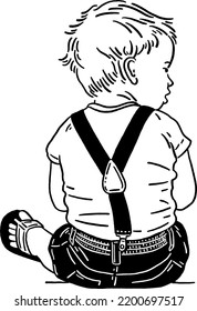 Little Boy sitting Hand drawn line art Illustration