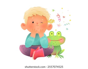 Little boy sitting with his best frog friend, fairytale illustration for kids. Happy childhood kindergarten boy character cartoon. Vector childhood illustration clip art for kids story.