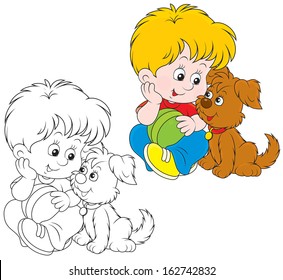 Little boy sitting with his small brown pup