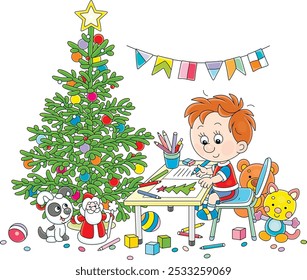 Little boy sitting at his table near a Christmas tree in a decorated nursery room with toys and writing a letter to Santa Claus, vector cartoon illustration isolated on a white background