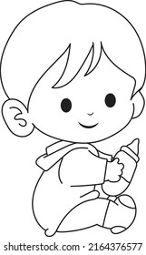 A little boy sitting and holding a bottle of milk. little boy drinking milk . coloring page