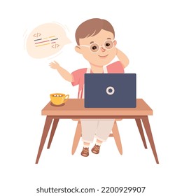 Little Boy Sitting at Laptop and Coding Programming and Engineering Smart Technology and Artificial Intelligence Vector Illustration