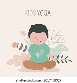 Little boy sitting in lotus position. Cute child practicing yoga. Kid stretches and meditates in pose. Healthy lifestyle, kids yoga. Different plants on background. Trendy flat vector illustration