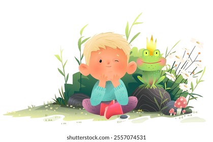 Little boy sitting in a nature with prince frog friend. Prince frog fairytale illustration for kids. Happy childhood kindergarten boy character cartoon. Vector illustration clip art for children story