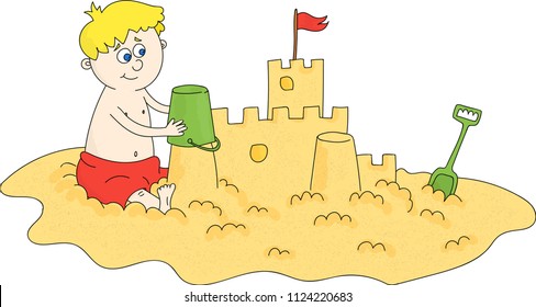 A little boy is sitting on the beach and making a sandcastle. Cartoon style