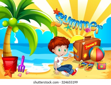 Little boy sitting on the beach illustration