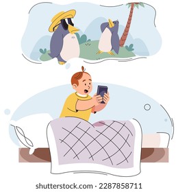 Little boy sitting on bed with tablet and watching cartoon about birds. Kids dependence on smartphone, gadget or internet. Children learn nature lessons through mobile app. Distant e-learning