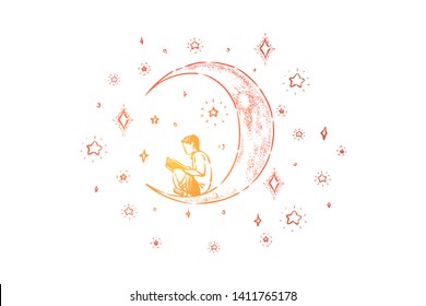 Little boy sitting on crescent, preschool child reading fantasy book on moon, night sky with shiny stars. Childhood dream, creative imagination concept sketch. Hand drawn vector illustration