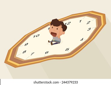 little boy sitting on a distort clock