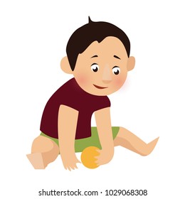 Little boy is sitting on the floor and playing.  Vector illustration.