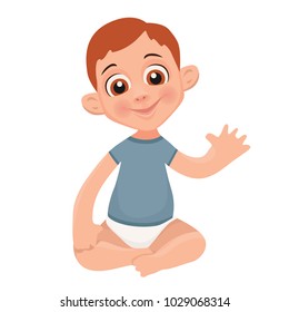 Little boy is sitting on the floor and playing.  Vector illustration.
