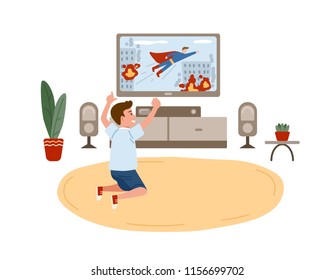 Little boy sitting on floor and watching superhero movie, action film or television channel for children on TV set. Home entertainment for kids. Colorful vector illustration in flat cartoon style