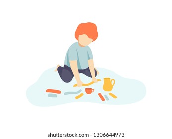 Little Boy Sitting on Floor and Making Figures from Plasticine, Kids Creativity, Education, Development Vector Illustration