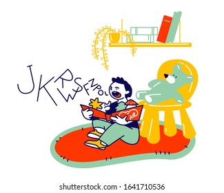 Little Boy Sitting on Floor Trying to Read Book. Logopedy Lesson, Kid Learning to Speak Correctly. Toddler with Dyslexia Practicing Pronunciation of Different Sounds. Cartoon Flat Vector Illustration