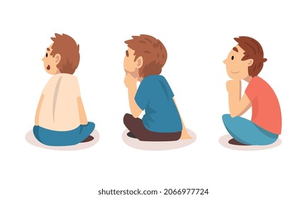 Little Boy Sitting on the Floor and Listening to Fairytale Vector Set