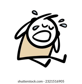 Little boy is sitting on the floor and crying loudly. Vector illustration of a child's tantrum and tears. Hand drawn stick figure character isolated on white background.