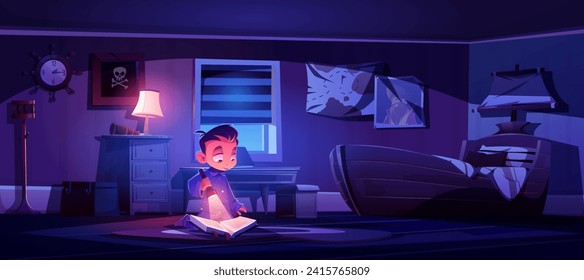 Little boy sitting on floor of children bedroom at night and reading book with flashlight. Dark cartoon kid room in pirate style with bed as sailing boat, sailor placard and map, steering clock.