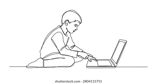 Little boy sitting on the floor using a laptop computer in a continuous single line drawing style black and white art Vector, illustration