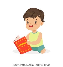 Little boy sitting on the floor and reading a book, kid enjoying reading, colorful character vector Illustration