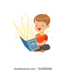 Little boy sitting on the floor with magic book radiating bright sparks and stars. Kid character reading interesting fairy tales. Isolated flat vector
