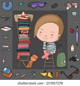 Little boy sitting on a high chair and thinking what things to choose to travel, his cat helps him to collect things.