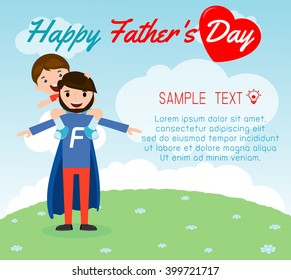 little boy sitting on his daddy's shoulder on background card of Happy fathers Day. Superhero father and son, fathers and child, happy fathers day card vector illustration