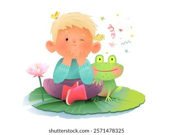 Little boy sitting on a lily pod in a swamp with his best frog friend. Fairytale illustration for kids. Happy childhood kindergarten boy character cartoon. Vector illustration clip art for kids story